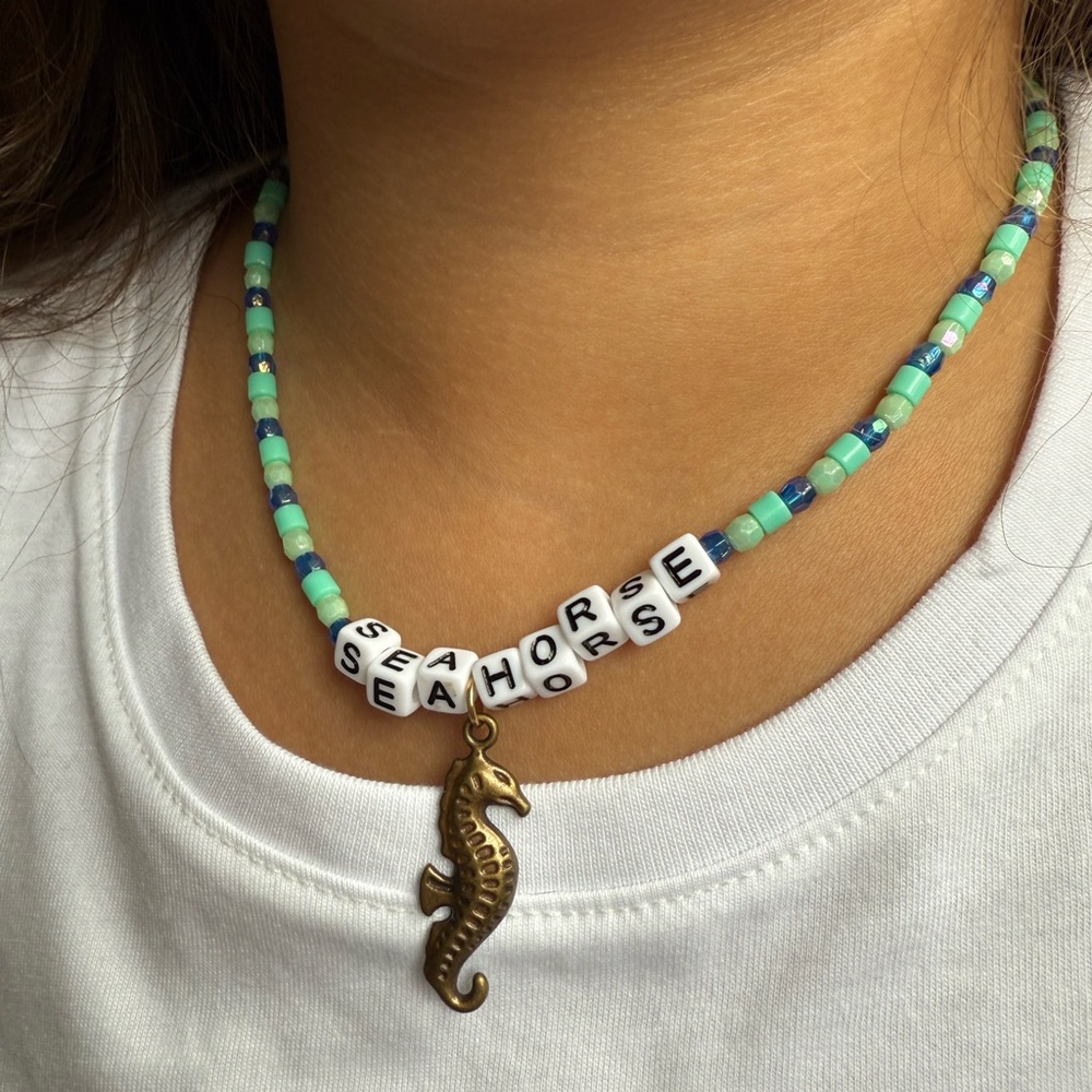 🩵💙 Hand Crafted Seahorse Charm Necklace - Blue and Gold 🩵💙